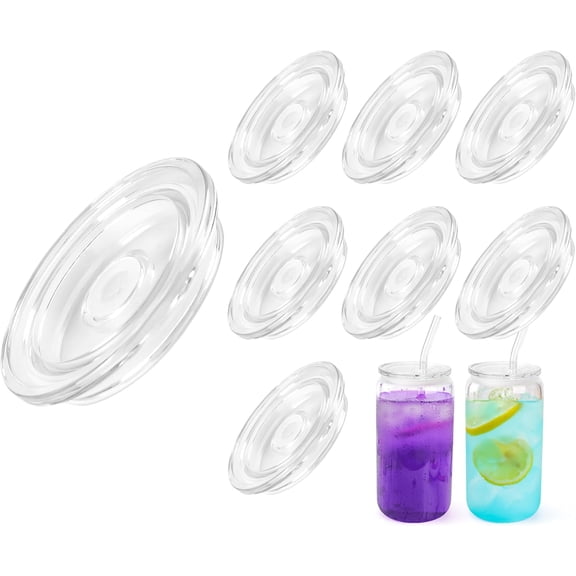 8 Pack Acrylic Lids for 16 oz / 20 oz Glass Cups with Bamboo Lids and Straws, Replacement Lid for bamboo Lid for Drinking Glasses Beer Can for Smoothie Whiskey Boba Soda Tea Gift (Clear)