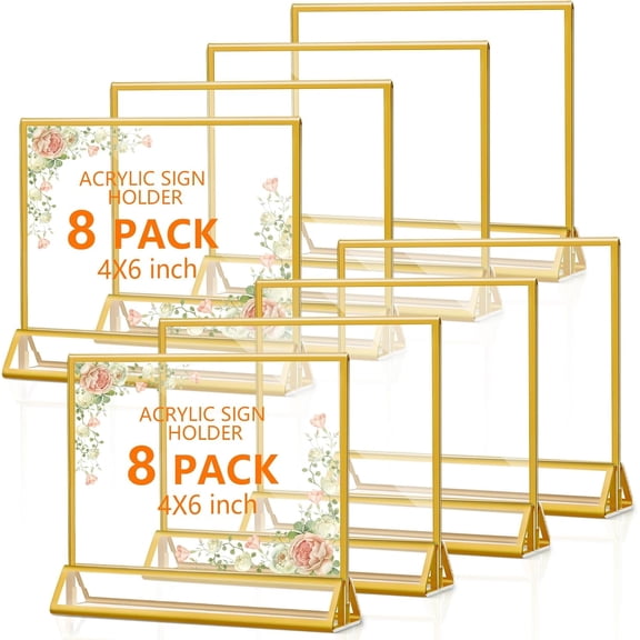 8 Pack Acrylic Sign Holders with Golden Border, Double Sided Clear Picture Frames, 6 x 4 Table Number Holders, Horizontal Menu Holders for Wedding Reception Art Display Party Decoration