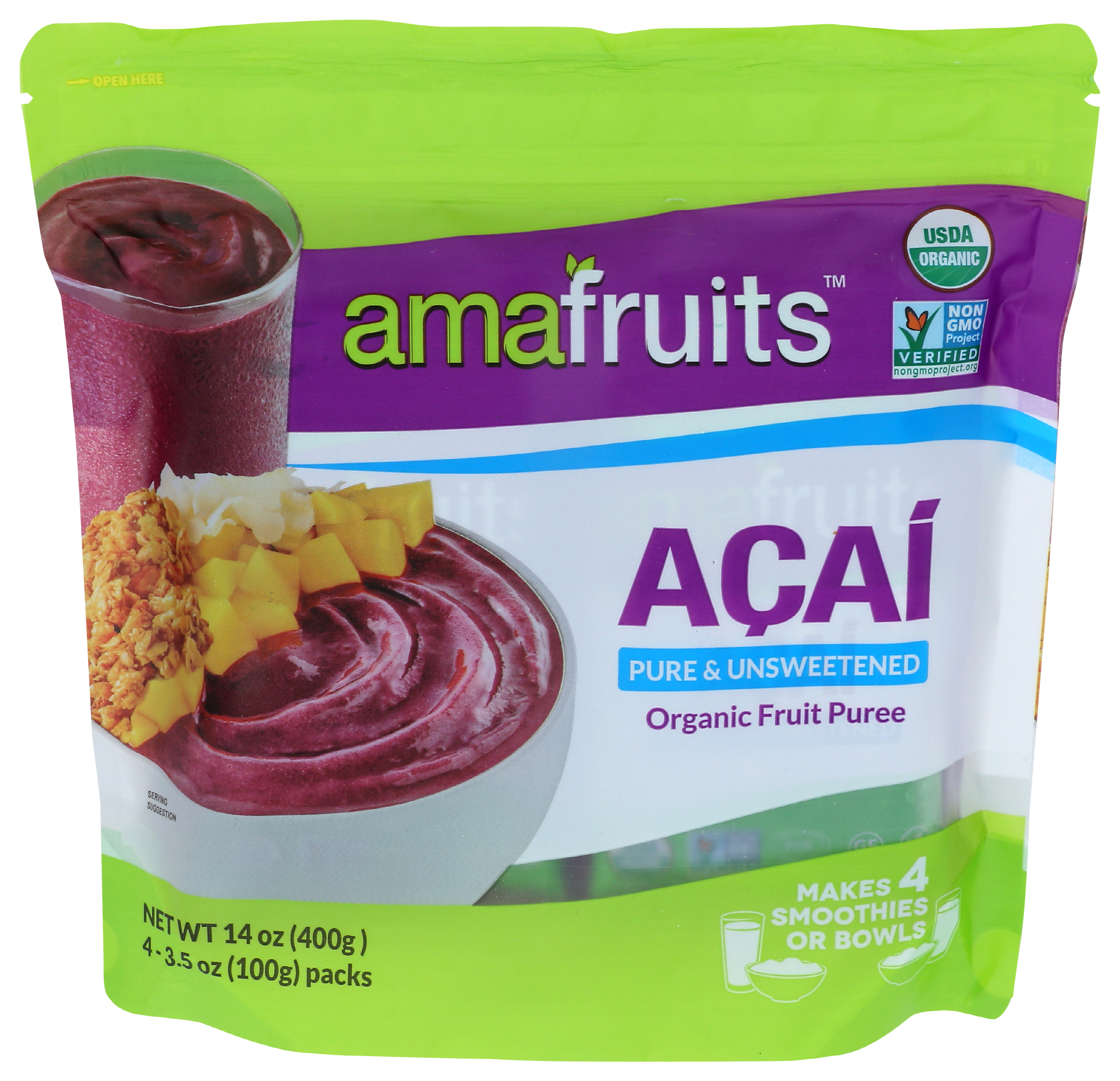 (8 Pack) AmaFruits Acai Pure & Unsweetened Organic Fruit Puree, 14oz