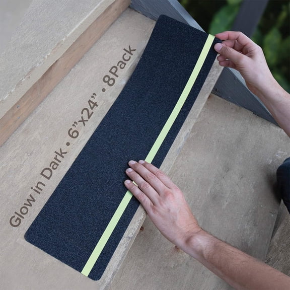 8 Pack Anti-Slip Stair Treads, 6"x24" Grip Tape with Glow-in-Dark Stripe