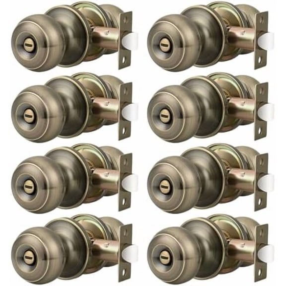 8 Pack Antique Brass Door Knobs Lockable Privacy Door Lock Interior Bedroom Bathroom Door Handle Round Keyless Door Knob Set