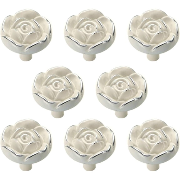 8 Pack Antique Ivory White Rose Cabinet Knobs Silver Line Shabby Chic Zinc Alloy Drawer Pull Handles for Dresser Vanity
