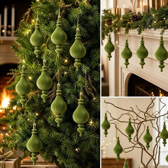 8 Pack Army Green Flocked Christmas Ball Ornaments Set, 5.91 Inch Shatterproof Flocked Tree Hanging Decorations Baubles for Holiday Party Decor