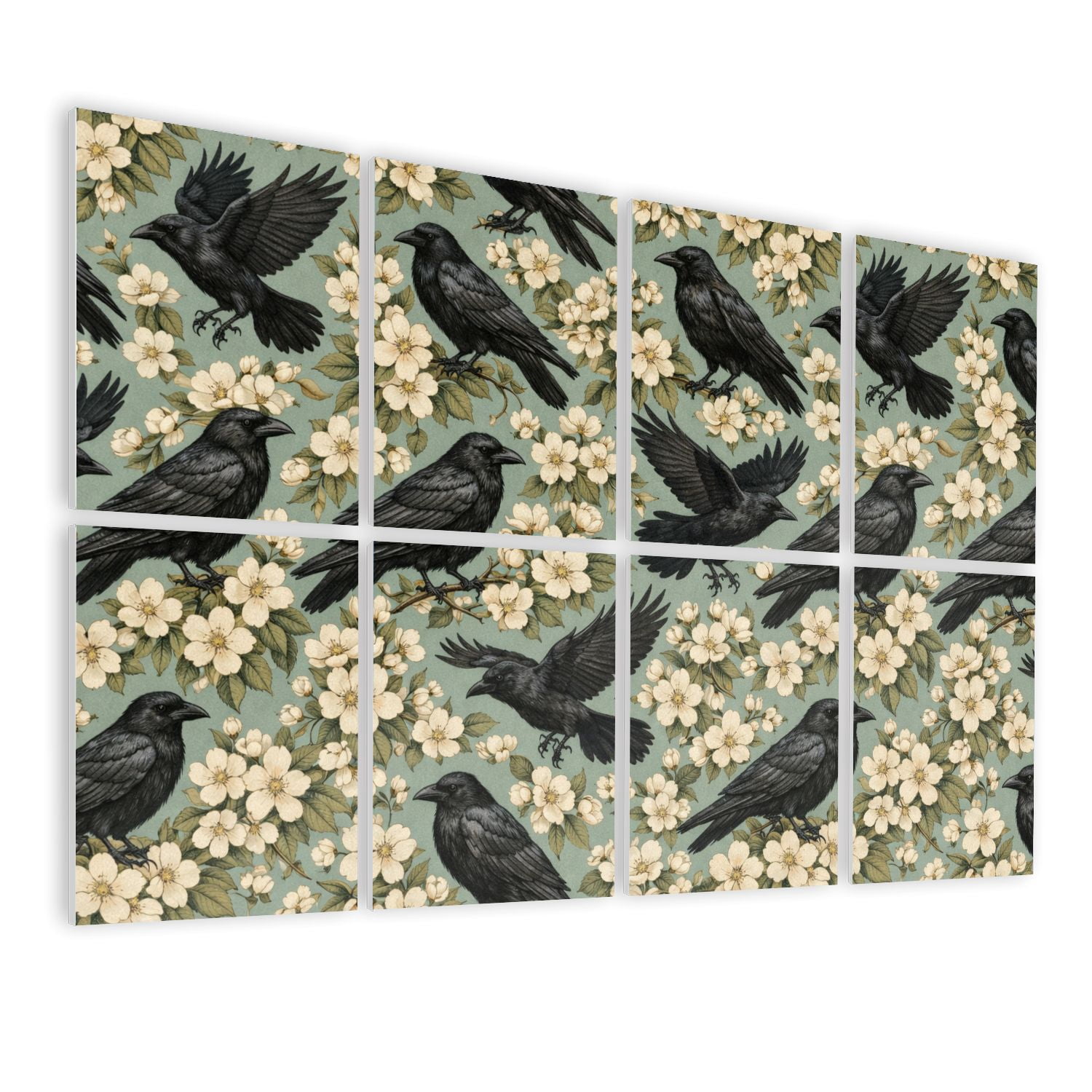 8 Pack Art Acoustic Panels Black Birds Perching Floral Green Self Adhesive Absorbing Dampening Panels Self Adhesive for Nursery Game Room Bedroom 48"x32"
