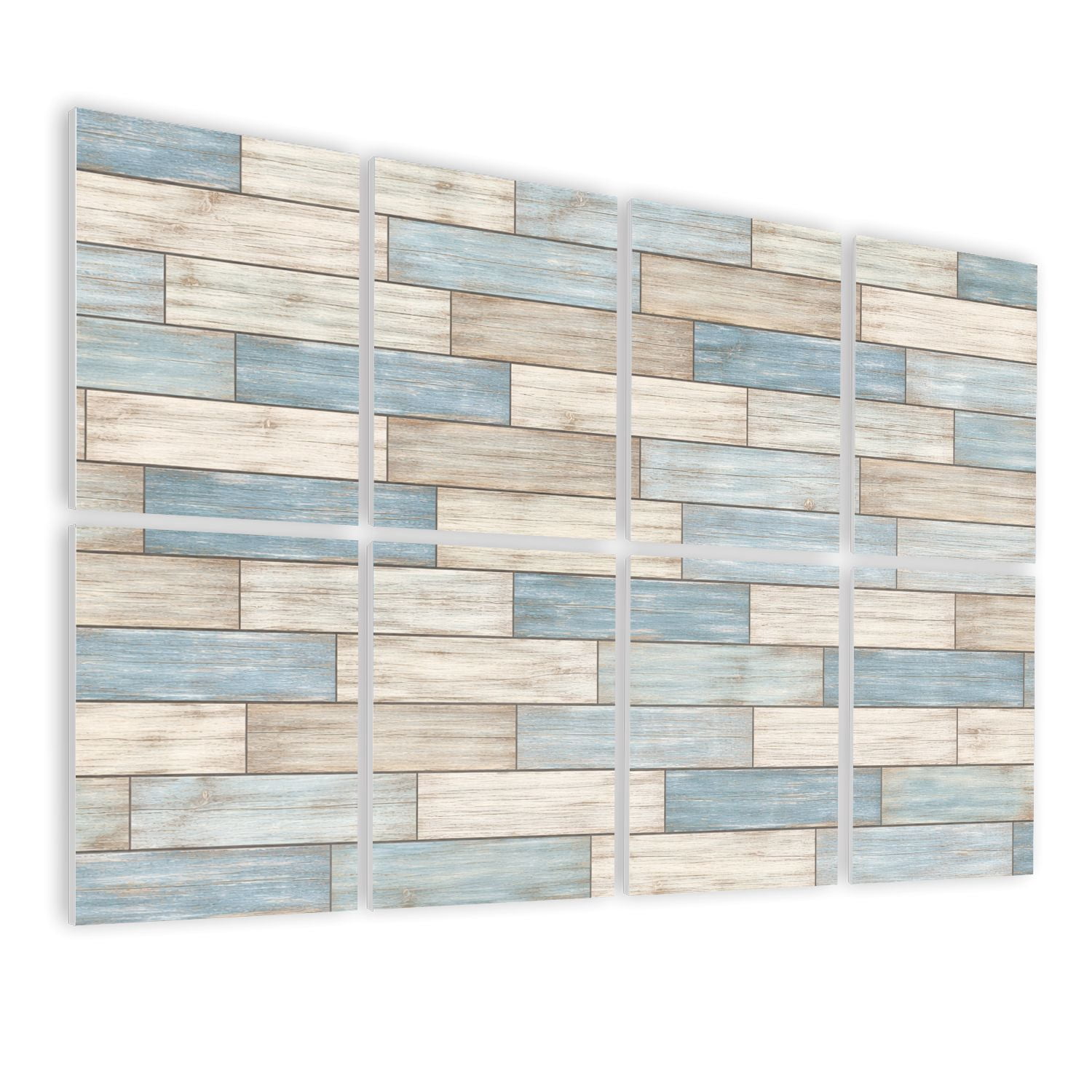 8 Pack Art Acoustic Panels Blue White Distressed Wood Light Weathered Effects Self Adhesive Absorbing Dampening Panels Self Adhesive for Nursery Game Room Bedroom 48"x32"