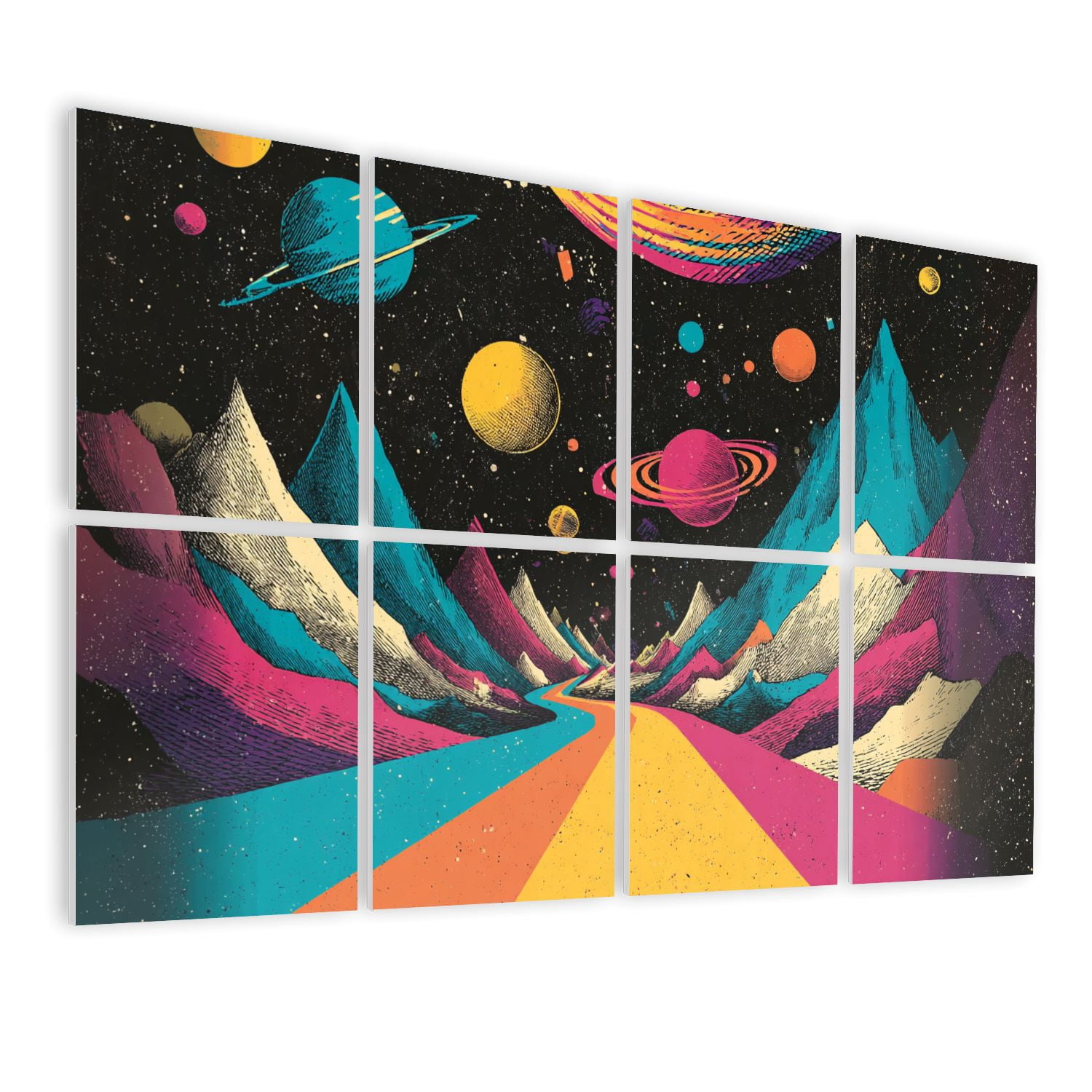8 Pack Art Acoustic Panels Colorful Cosmic Landscape Planets Mountains Psychedelic Retro Space Self Adhesive Sound Absorbing Panels for Home Office Studio Media Room 48"x32"