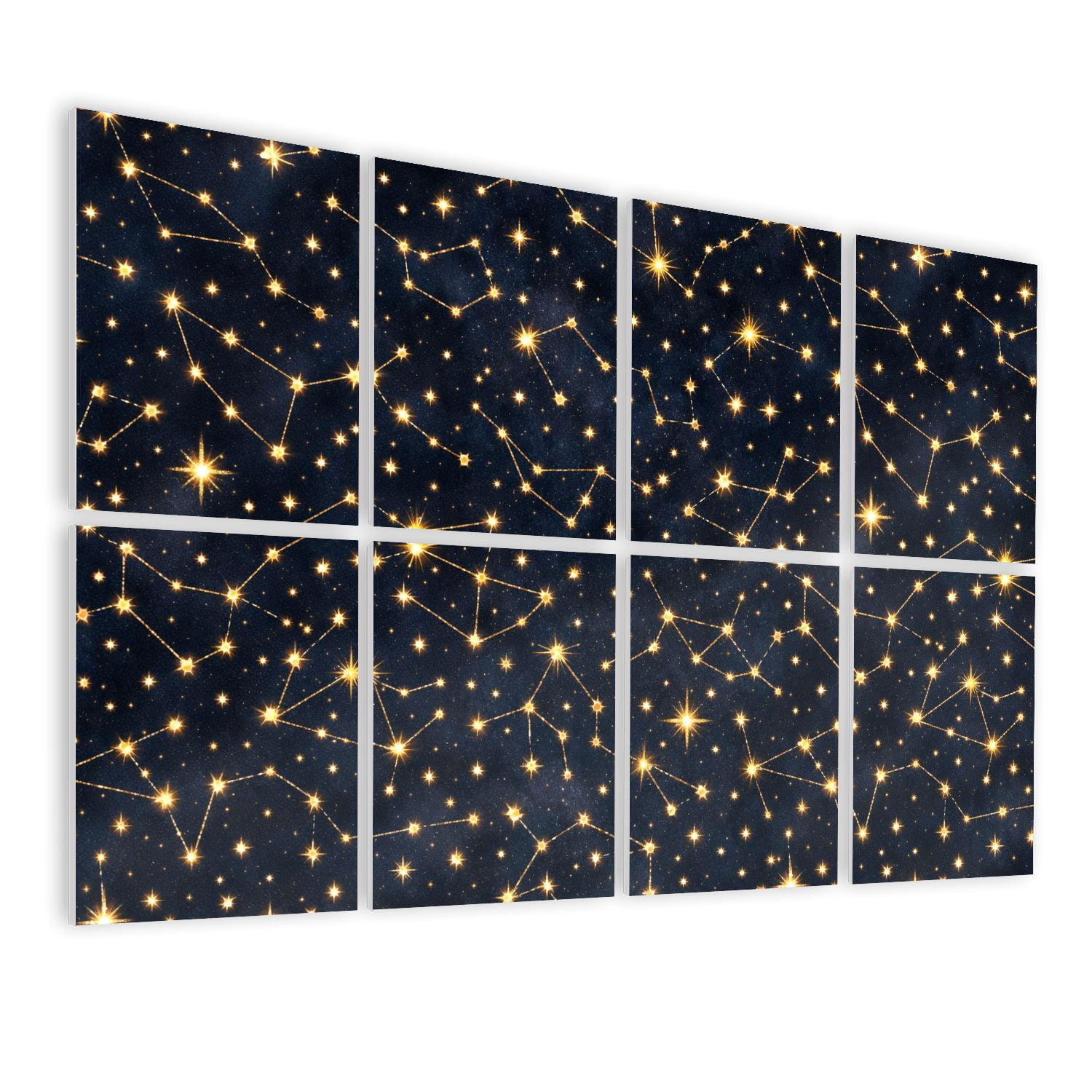 8 Pack Art Acoustic Panels Constellation Golden Stars Dark Night Sky Seamless Cosmic Design Self Adhesive Absorbing Dampening Panels Self Adhesive for Nursery Game Room Bedroom 48"x32"
