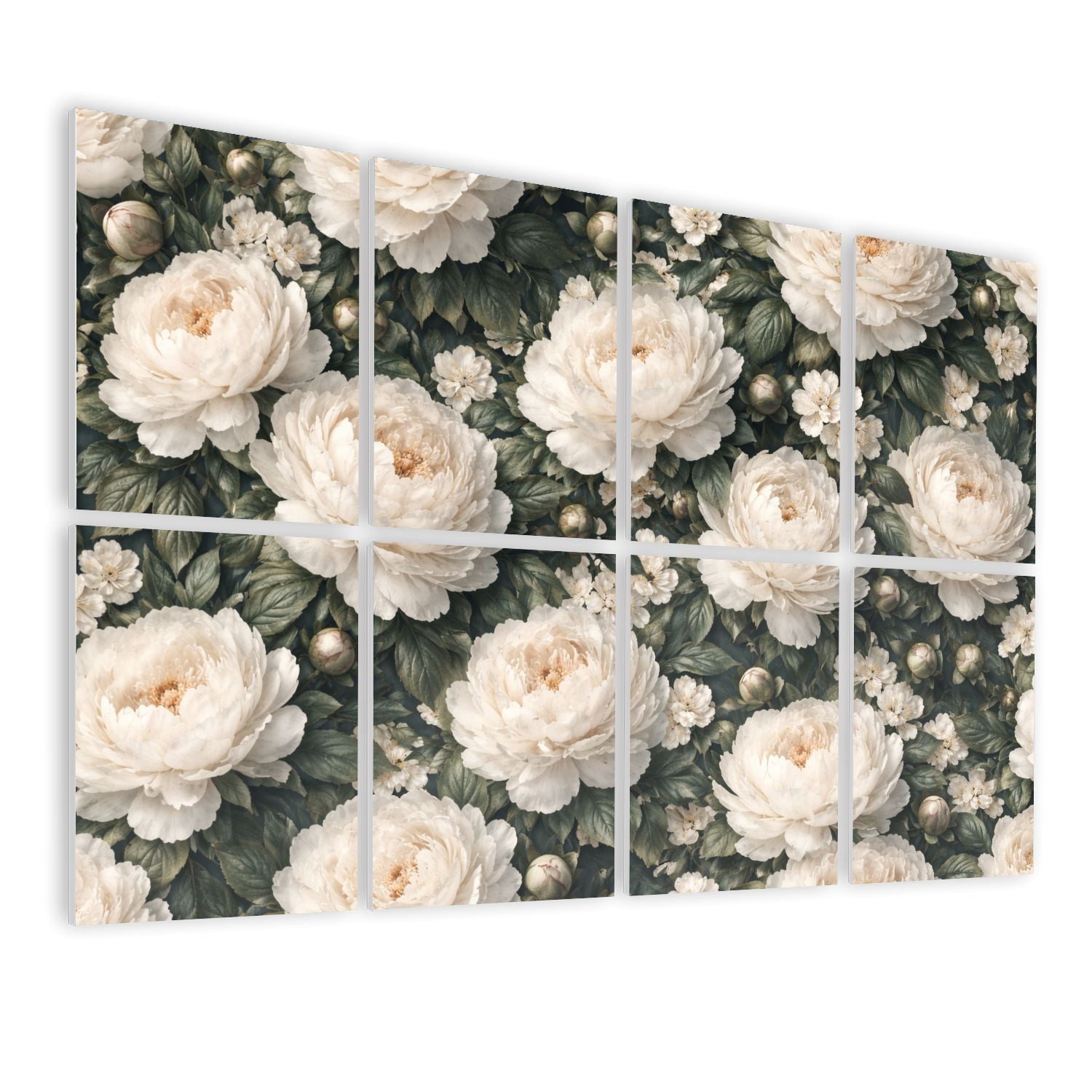 8 Pack Art Acoustic Panels Elegant Dark Floral White Black Peonies Leafy Self Adhesive Absorbing Dampening Panels Self Adhesive for Nursery Game Room Bedroom 48"x32"