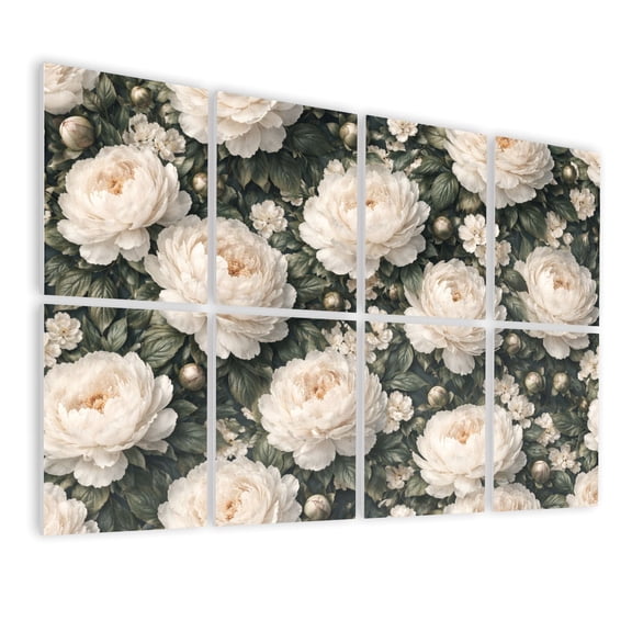8 Pack Art Acoustic Panels Elegant Dark Floral White Black Peonies Leafy Self Adhesive Absorbing Dampening Panels Self Adhesive for Nursery Game Room Bedroom 48"x32"