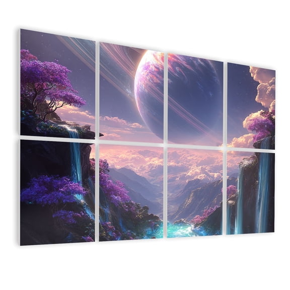 8 Pack Art Acoustic Panels Fantasy Landscape Purple Trees Waterfalls Ringed Planet Sky Self Adhesive Sound Absorbing Panels for Home Office Studio Media Room 48"x32"