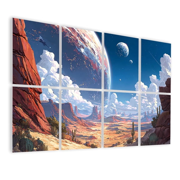8 Pack Art Acoustic Panels Futuristic Desert Landscape Red Rock Formations Cacti Distant Planets Self Adhesive Sound Absorbing Panels for Home Office Studio Media Room 48"x32"