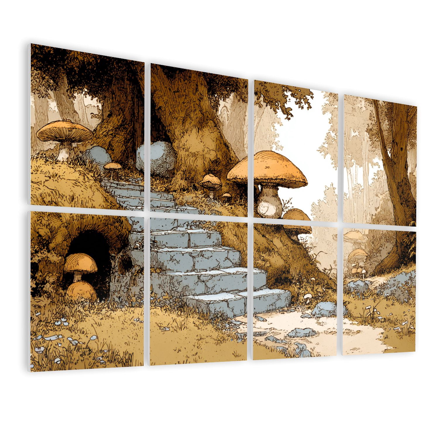 8 Pack Art Acoustic Panels Mushrooms Forest Pathway Stone Steps Giant Mushrooms Self Adhesive Sound Absorbing Panels for Home Office Studio Media Room 48"x32"