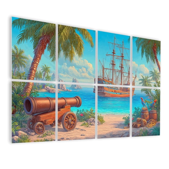 8 Pack Art Acoustic Panels Sound Absorbing 3D Pirate Ship Treasure Tropical Island Palm Trees Clear Blue Water Soundproof Wall Panels Self Adhesive for Bedroom Home Theater 48"x32"