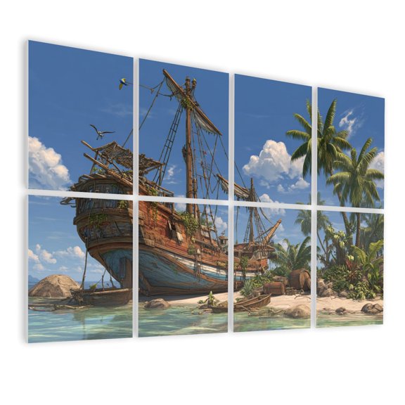 8 Pack Art Acoustic Panels Sound Absorbing 3D Pirate Ship Treasure Tropical Island Palm Trees Clear Blue Water Soundproof Wall Panels Self Adhesive for Bedroom Home Theater 48"x32"