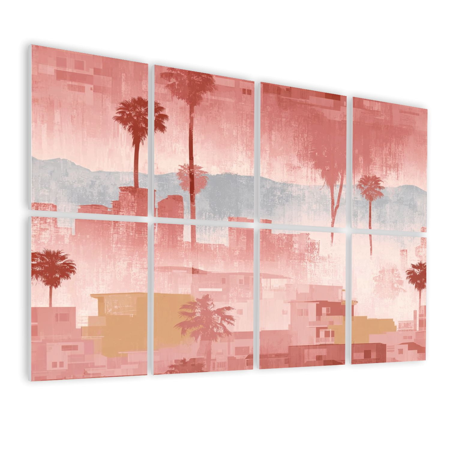 8 Pack Art Acoustic Panels Sound Absorbing Abstract Cityscape Palm Trees Soft Color Decorative Soundproof Wall Panels Self Adhesive for Nursery Game Room Bedroom 48"x32"