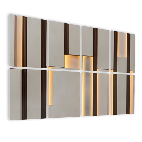 8 Pack Art Acoustic Panels Sound Absorbing Abstract Geometric Wooden Slats Warm Backlit Lighting Modern Luxury Decorative Soundproof Wall Panels Self Adhesive for Nursery Game Room 48"x32"