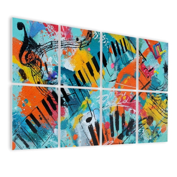 8 Pack Art Acoustic Panels Sound Absorbing Abstract Piano Keyboard Musical Notes Splash Graffiti Curved Piano Decorative Soundproof Wall Panels Self Adhesive for Nursery Game Room Bedroom 48"x32"