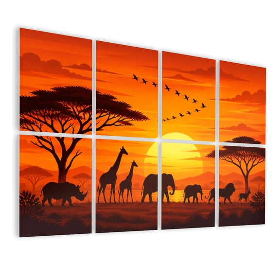 8 Pack Art Acoustic Panels Sound Absorbing African landscape scene safari animal savannah silhouette Sunset Decorative Soundproof Wall Panels Self Adhesive for Nursery Game Room Bedroom 48"x32"