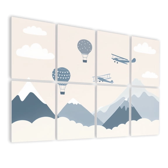 8 Pack Art Acoustic Panels Sound Absorbing Airplanes Hot Air Balloons Snowy Mountains Soft Blue Tones Decorative Soundproof Wall Panels Self Adhesive for Nursery Game Room Bedroom 48"x32"