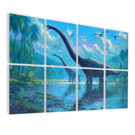 8 Pack Art Acoustic Panels Sound Absorbing Ancient Dinosaurs Boy s Room Mural Brachiosaurus Herd Pterosaurs Decorative Soundproof Wall Panels Self Adhesive for Nursery Boys Room Bedroom 48"x32"