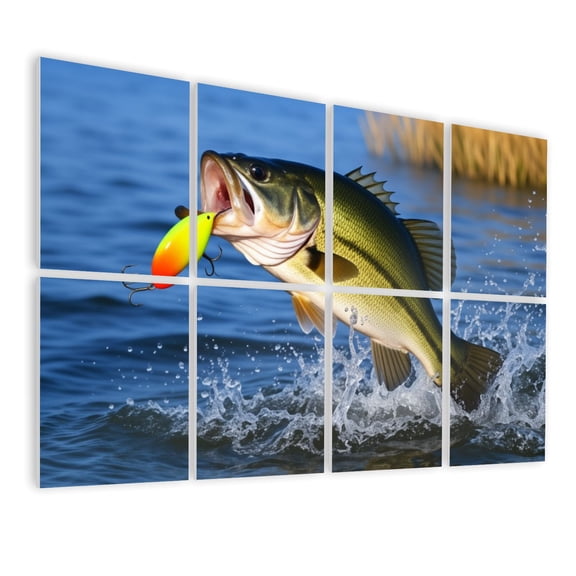 8 Pack Art Acoustic Panels Sound Absorbing Bass Fish Leaping Out Water Fishing Lure Mouth Decorative Soundproof Wall Panels Self Adhesive for Nursery Game Room Bedroom 48"x32"