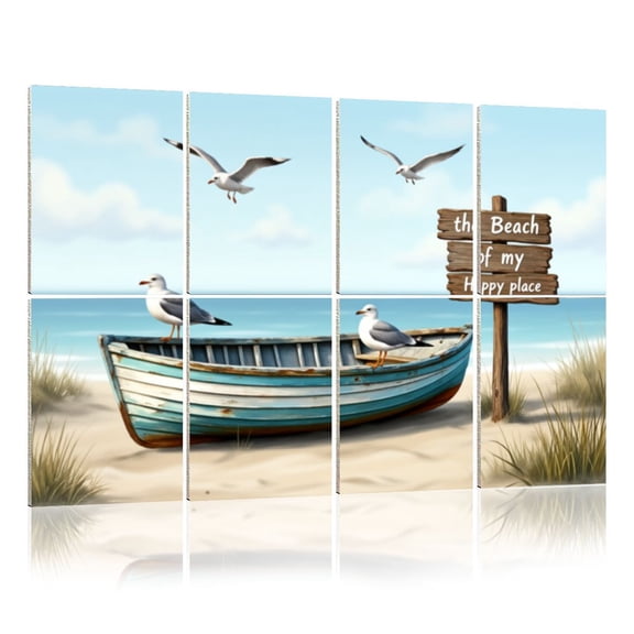 8 Pack Art Acoustic Panels Sound Absorbing Beach Ocean Coastal Sea Bird Blue Tan Rustic Beachy Boat Seagulls Decorative Soundproof Wall Panels Self Adhesive for Nursery Game Room Bedroom 48"x32"