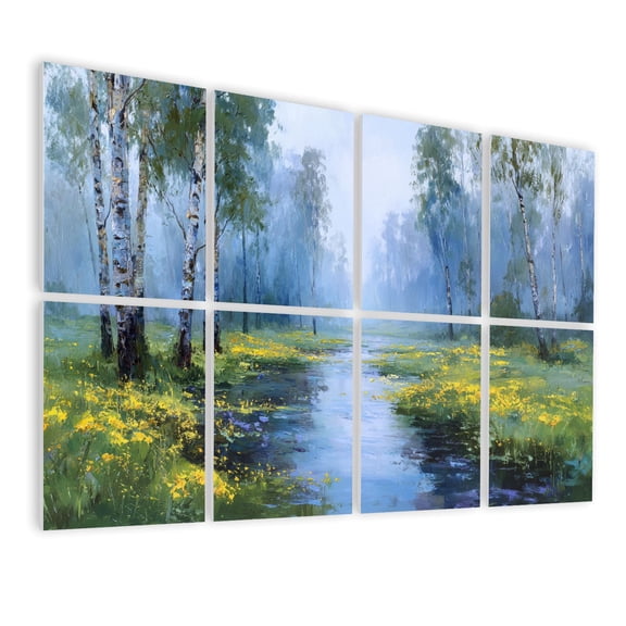 8 Pack Art Acoustic Panels Sound Absorbing Birch Forest Stream Hand Painted Landscape Painting Decorative Soundproof Wall Panels Self Adhesive for Nursery Game Room Bedroom 48"x32"