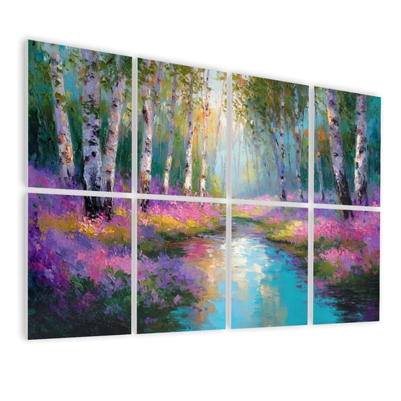 8 Pack Art Acoustic Panels Sound Absorbing Birch Forest Stream Hand Painted Landscape Wildflowers Calming Decorative Soundproof Wall Panels Self Adhesive for Nursery Game Room Bedroom 48"x32"