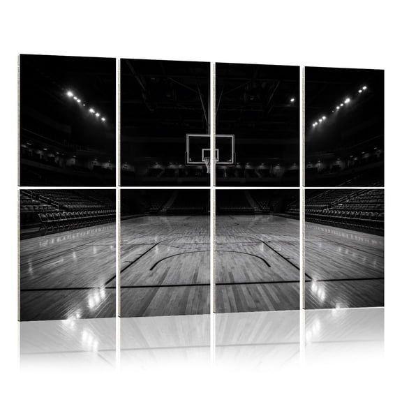 8 Pack Art Acoustic Panels Sound Absorbing Black White Basketball Court Empty Wooden Floor Spotlights Decorative Soundproof Wall Panels Self Adhesive for Nursery Game Room Bedroom 48"x32"