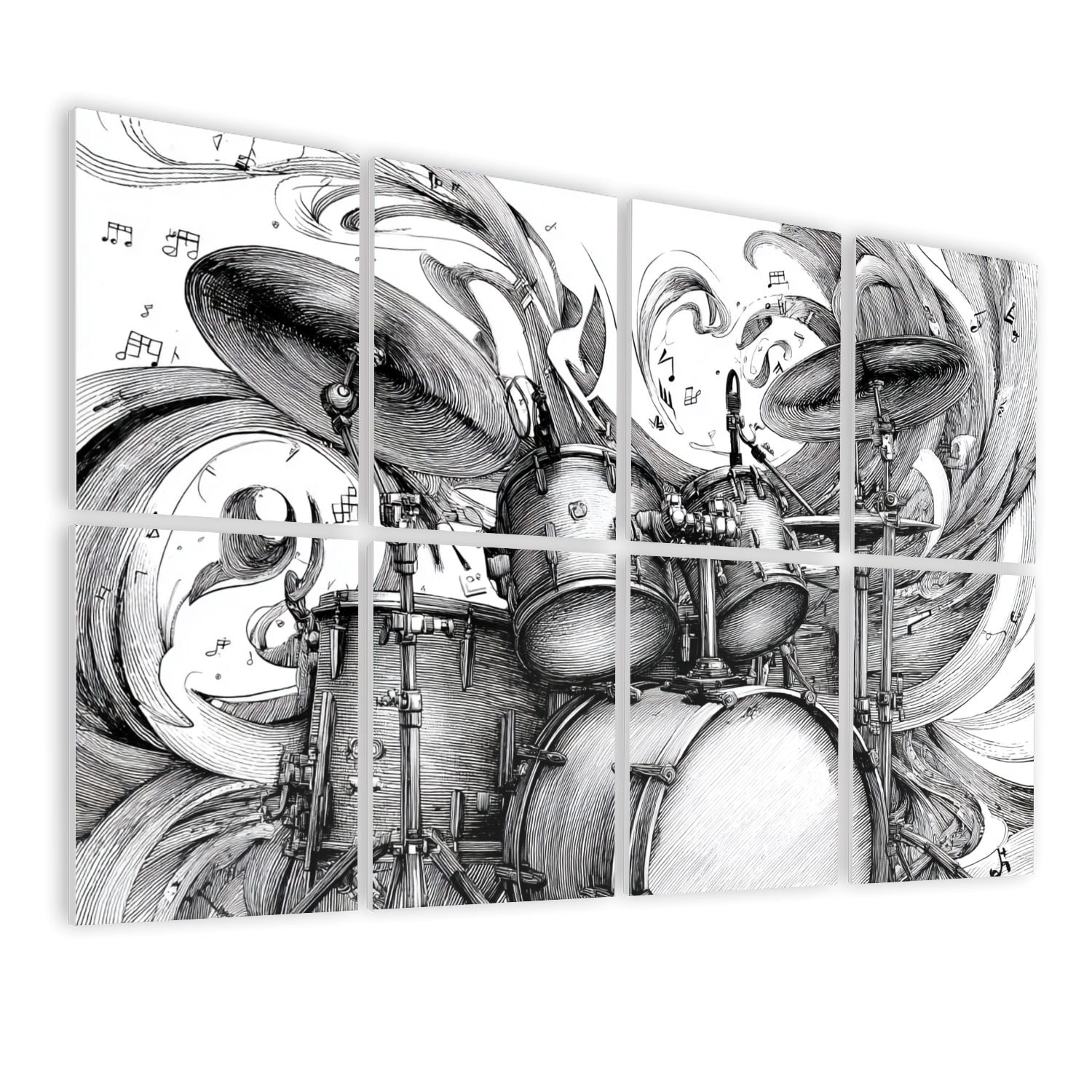 8 Pack Art Acoustic Panels Sound Absorbing Black White Drum Set Sketch Flowing Musical Notes Decorative Soundproof Wall Panels Self Adhesive for Nursery Game Room Bedroom 48"x32"