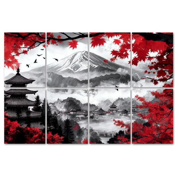 8 Pack Art Acoustic Panels Sound Absorbing Black White Pop Red Japanese Temple Autumn Fall Landscape Mount Maple Decorative Soundproof Wall Panels Self Adhesive for Recording Studios Office 48"x32"
