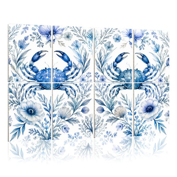 8 Pack Art Acoustic Panels Sound Absorbing Blue Crab Floral Soft Blue Gray Tones Coastal Decorative Soundproof Wall Panels Self Adhesive for Nursery Game Room Bedroom 48"x32"