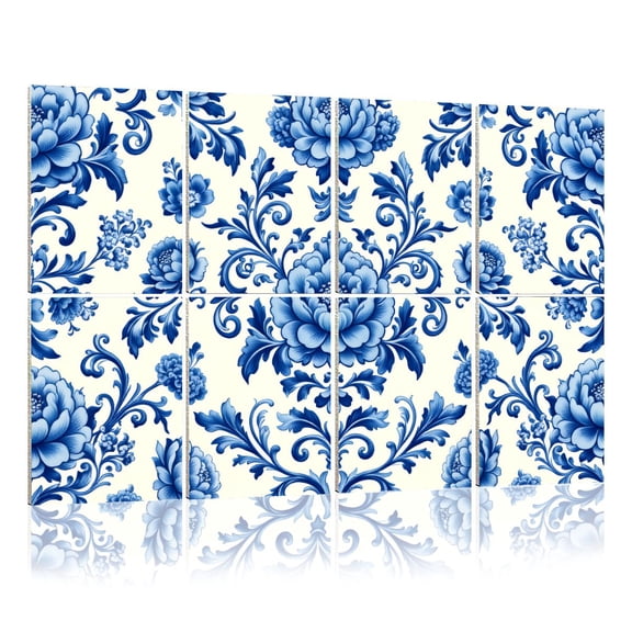 8 Pack Art Acoustic Panels Sound Absorbing Blue Floral Damask Elegant Curves Detailed Blossoms Decorative Soundproof Wall Panels Self Adhesive for Nursery Game Room Bedroom 48"x32"