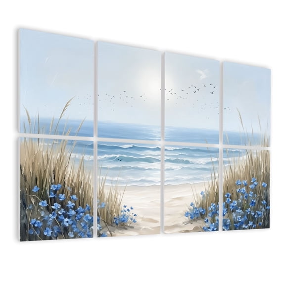 8 Pack Art Acoustic Panels Sound Absorbing Blue Ocean Sea Wave Modern Aesthetic Ocean Beach Blue Flowers Birds Decorative Soundproof Wall Panels Self Adhesive for Nursery Game Room Bedroom 48"x32"