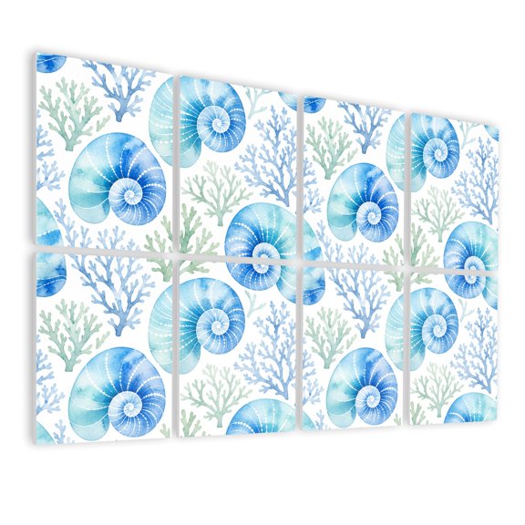 8 Pack Art Acoustic Panels Sound Absorbing Blue Seashell Coral Watercolor Style Decorative Soundproof Wall Panels Self Adhesive for Nursery Game Room Bedroom 48"x32"
