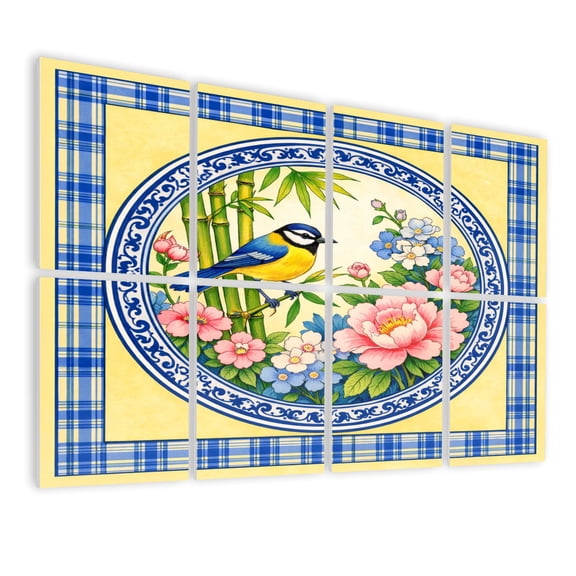 8 Pack Art Acoustic Panels Sound Absorbing Blue Tit Bird Vibrant Floral Bamboo Decorative Border Decorative Soundproof Wall Panels Self Adhesive for Nursery Game Room Bedroom 48"x32"