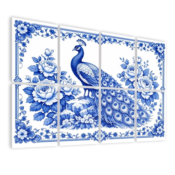 8 Pack Art Acoustic Panels Sound Absorbing Blue White Ornamental Peacock Floral Patterns Frame Decorative Soundproof Wall Panels Self Adhesive for Nursery Game Room Bedroom 48"x32"