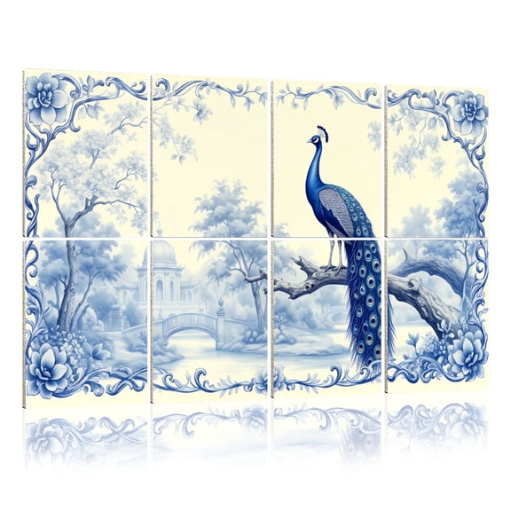 8 Pack Art Acoustic Panels Sound Absorbing Blue White Peacock Elegant Landscape Traditional Chinese Style Decorative Soundproof Wall Panels Self Adhesive for Nursery Game Room Bedroom 48"x32"