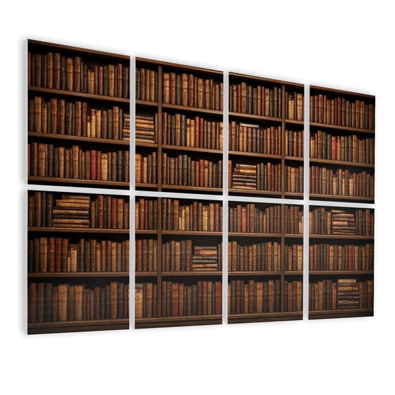 8 Pack Art Acoustic Panels Sound Absorbing Bookshelf Wall Filled Vintage Books Warm Wooden Library Interior Decorative Soundproof Wall Panels Self Adhesive for Nursery Game Room Bedroom 48"x32"