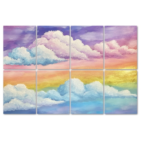 8 Pack Art Acoustic Panels Sound Absorbing Bright Pastel Rainbow Gradations Yellow Gold Pink Cyan Purple Clouds Decorative Soundproof Wall Panels Self Adhesive for Recording Studios Office 48"x32"
