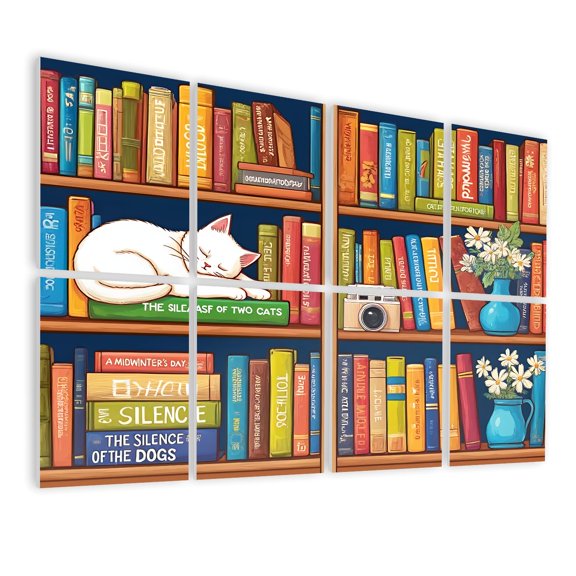 8 Pack Art Acoustic Panels Sound Absorbing Cat Nerd Book Lover Sleeping Bookshelf Library Academics Feline Boho Decorative Soundproof Wall Panels Self Adhesive for Nursery School Classroom 48"x32"