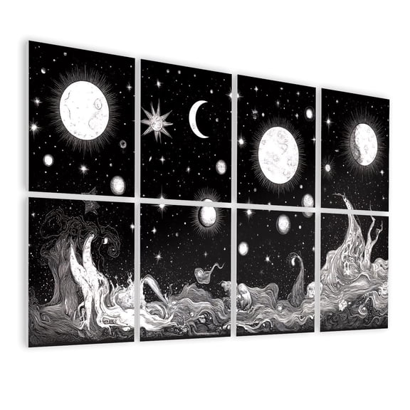 8 Pack Art Acoustic Panels Sound Absorbing Celestial Black White Moons Stars Cosmic Waves Decorative Soundproof Wall Panels Self Adhesive for Nursery Game Room Bedroom 48"x32"