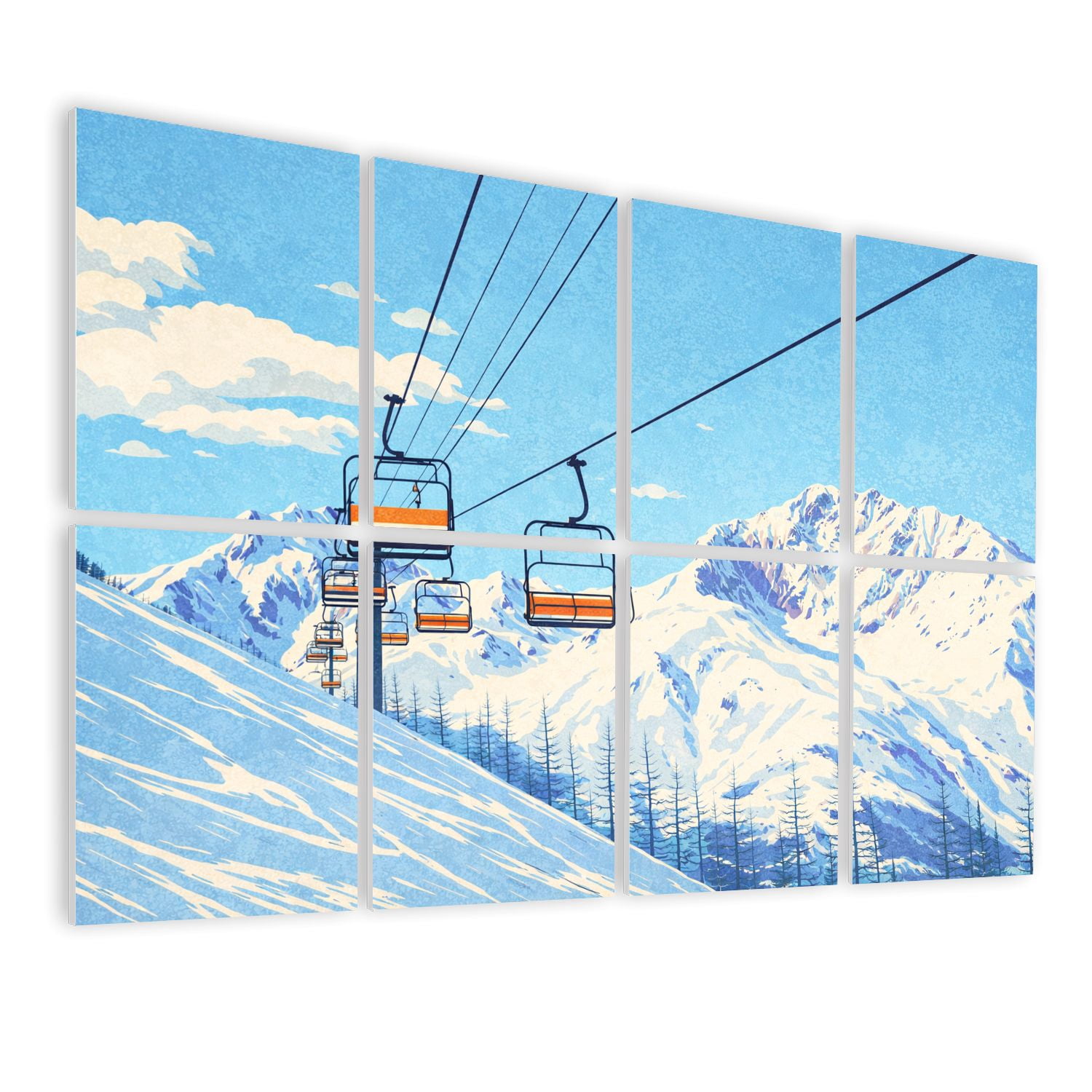8 Pack Art Acoustic Panels Sound Absorbing Chair lift ski resort snowy mountains nice sunny day Decorative Soundproof Wall Panels Self Adhesive for Nursery Game Room Bedroom 48"x32"