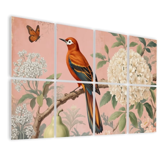 8 Pack Art Acoustic Panels Sound Absorbing Chinoiserie Peacock Blush Pink Animal Tree Branch Scenic Bird Flowers Decorative Soundproof Wall Panels Self Adhesive for Nursery Game Room Bedroom 48"x32"