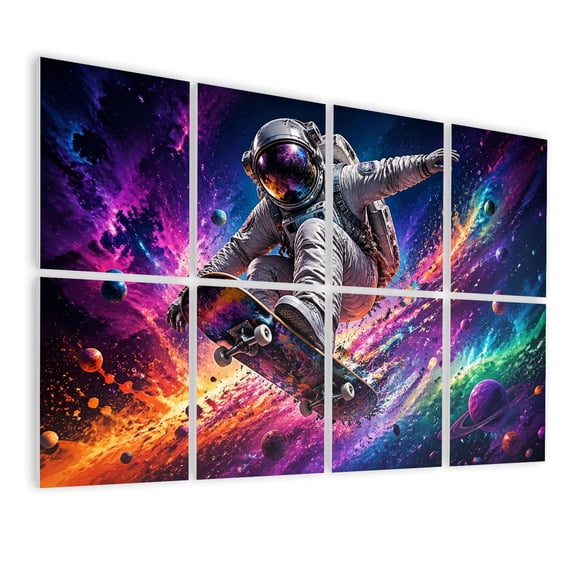 8 Pack Art Acoustic Panels Sound Absorbing Colorful Astronaut Performing Skateboard Trick Cosmic Abstract Space Decorative Soundproof Wall Panels Self Adhesive for Nursery Game Room Bedroom 48"x32"