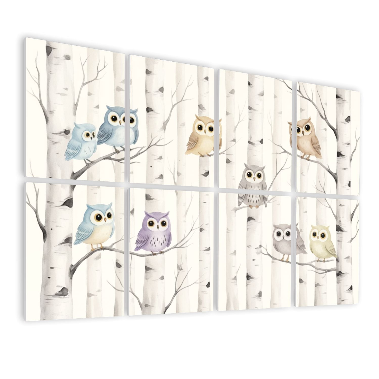 8 Pack Art Acoustic Panels Sound Absorbing Colorful Owls Sitting Branches Birch Tree Forest Decorative Soundproof Wall Panels Self Adhesive for Nursery Game Room Bedroom 48"x32"