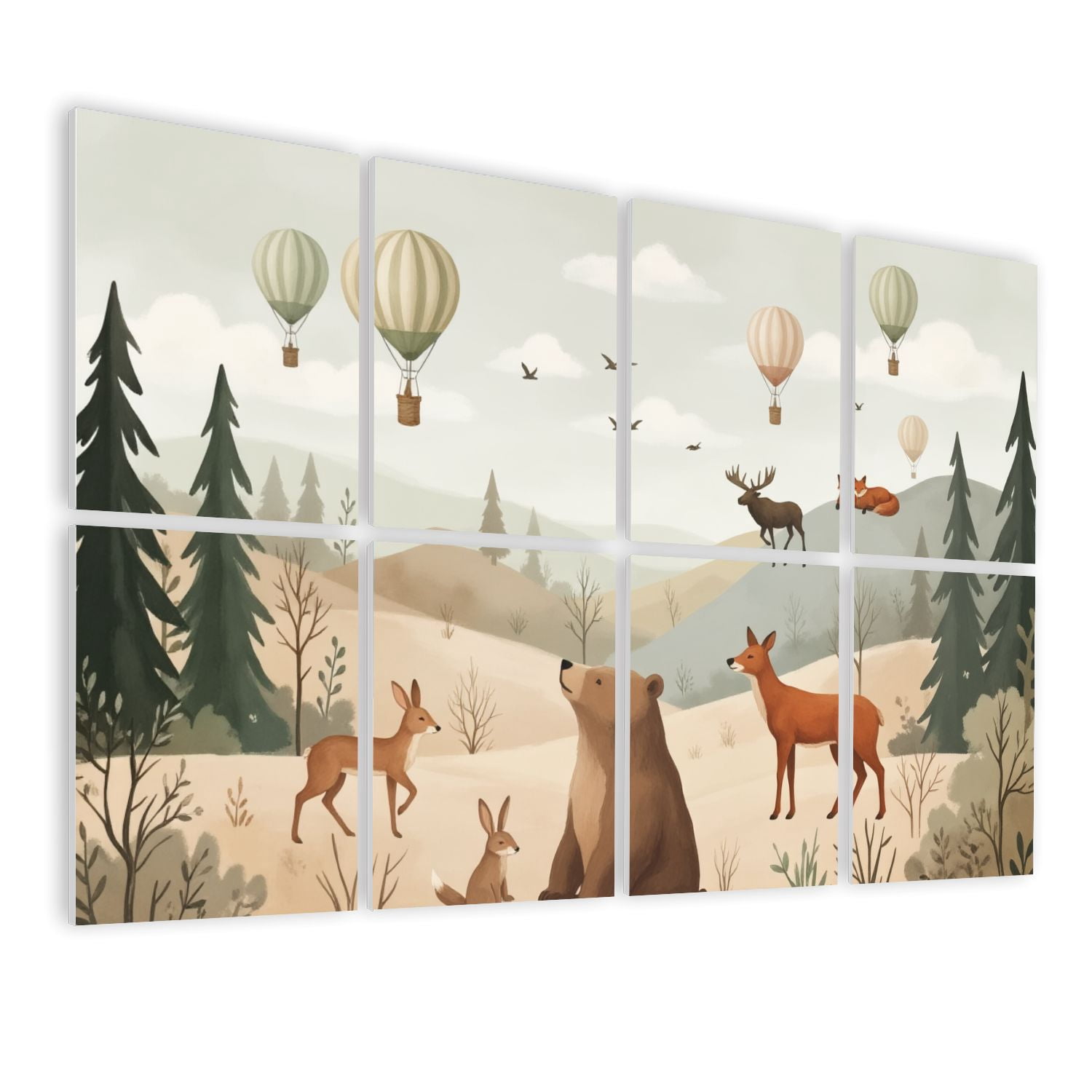 8 Pack Art Acoustic Panels Sound Absorbing Cute Forest Animals Hot Air Balloons Pastel Hills Decorative Soundproof Wall Panels Self Adhesive for Nursery Game Room Bedroom 48"x32"