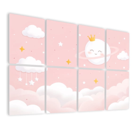 8 Pack Art Acoustic Panels Sound Absorbing Cute Smiling Moon Crown Starry Clouds Pink Sky Decorative Soundproof Wall Panels Self Adhesive for Nursery Game Room Bedroom 48"x32"