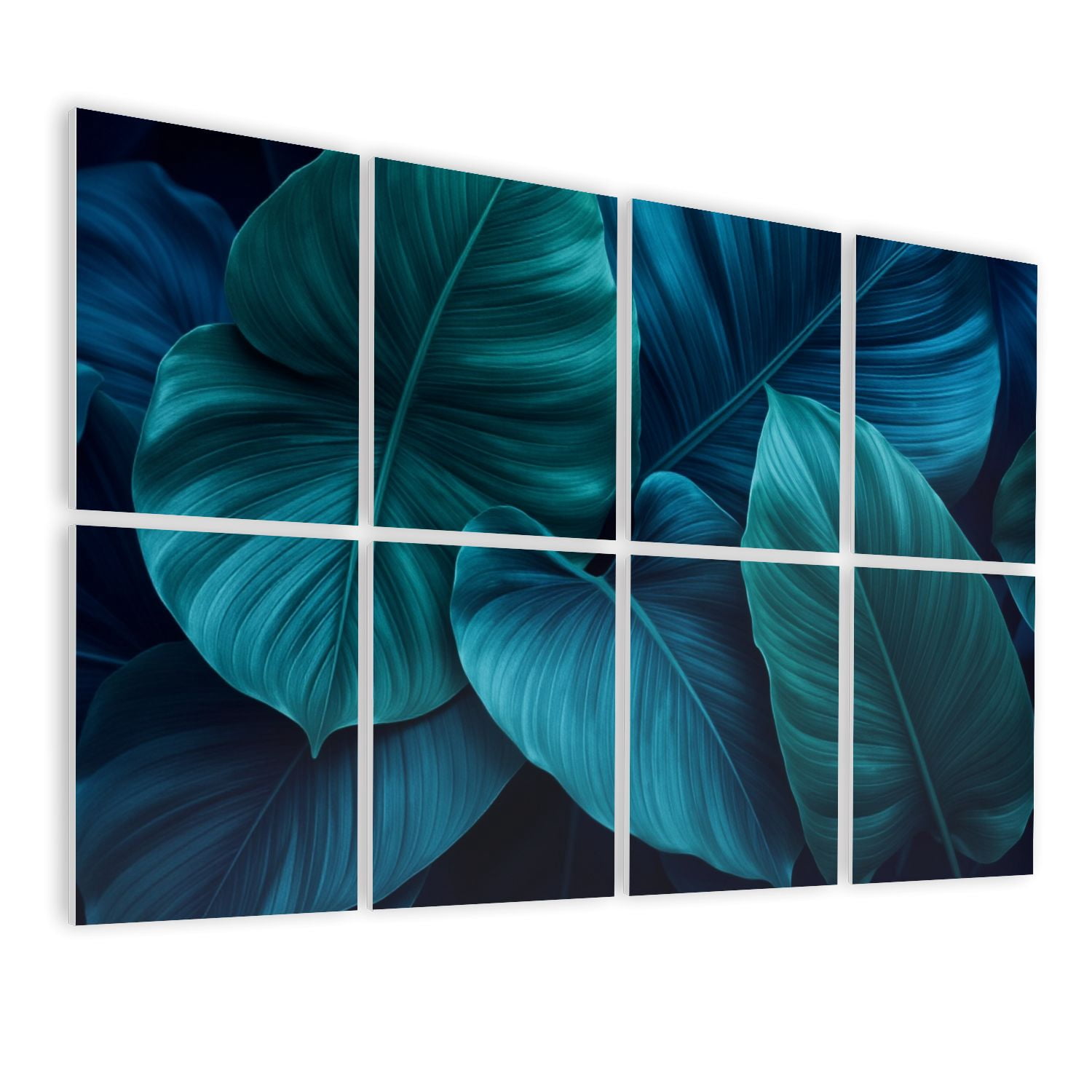 8 Pack Art Acoustic Panels Sound Absorbing Deep Blue Teal Tropical Leaf Abstract Botanical Decorative Soundproof Wall Panels Self Adhesive for Nursery Game Room Bedroom 48"x32"