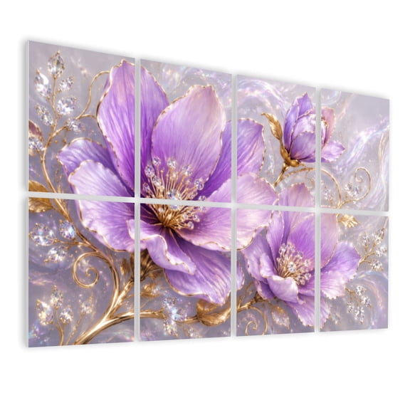 8 Pack Art Acoustic Panels Sound Absorbing Delicate Purple Floral Design Gold Accents Gemstone Decorative Soundproof Wall Panels Self Adhesive for Nursery Game Room Bedroom 48"x32"